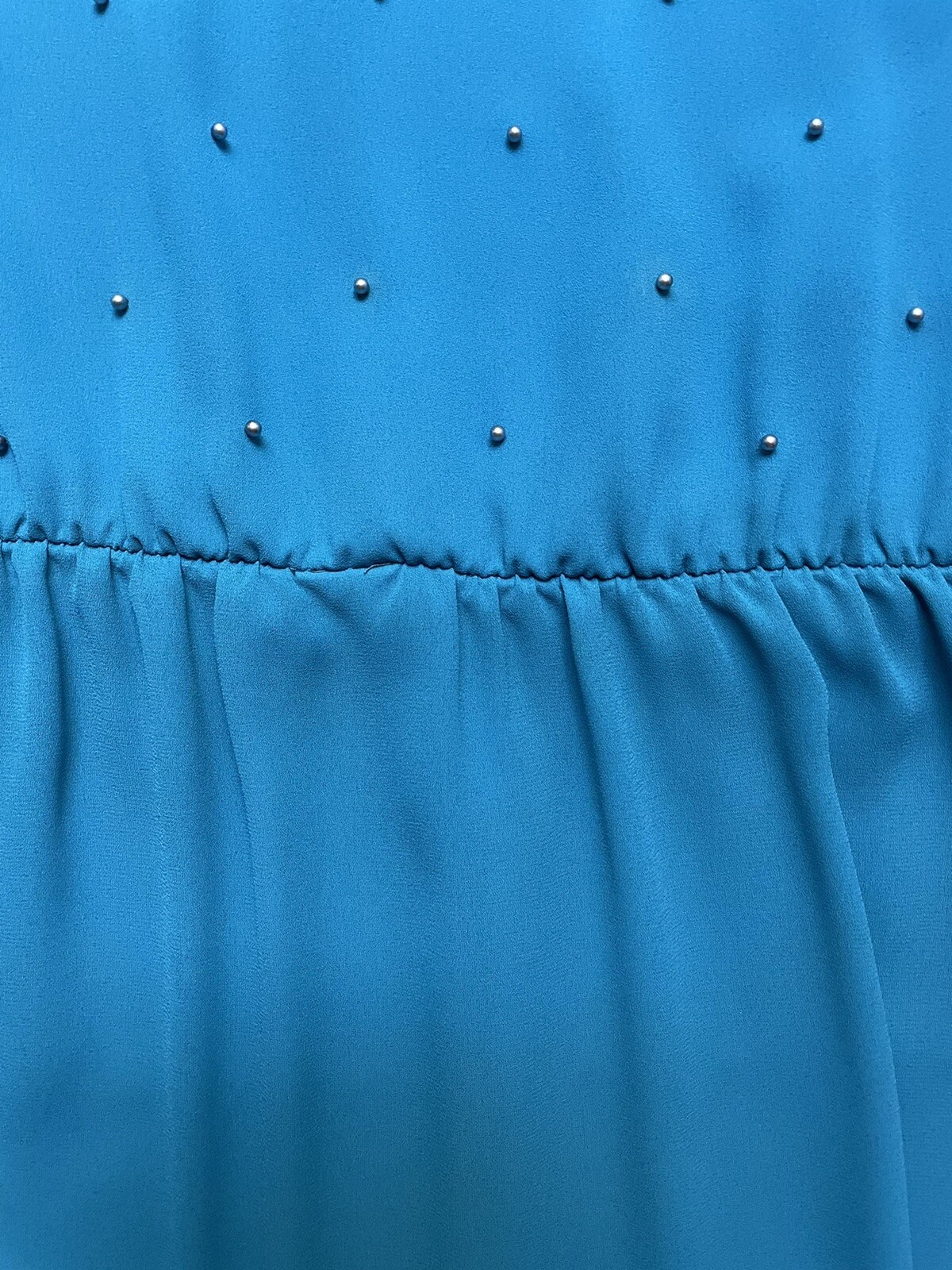VTG 80s Ruffle Balloon Long Sleeve Midi Dress Blue Pearl Front Accent Women’s 10