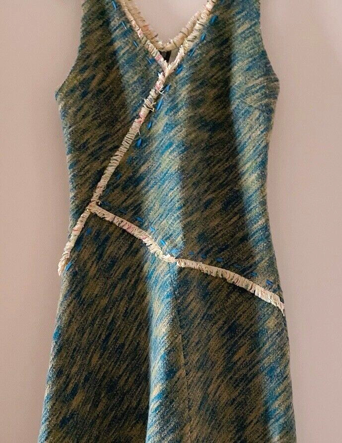 CACHAREL Unbalanced Wool Tweed Dress with Frayed Trim, Green-Blue, Size 40/Small