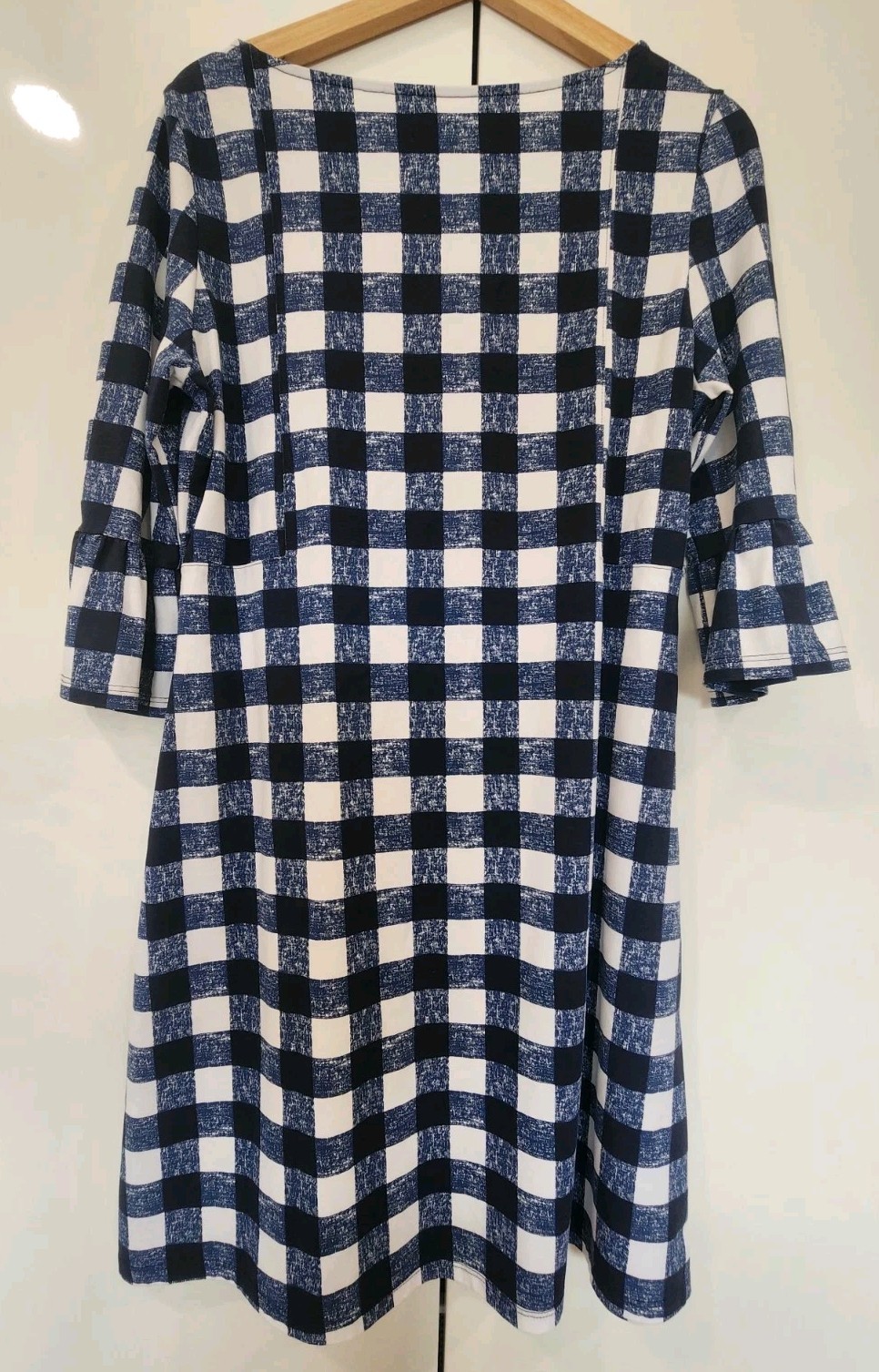 Duffield Lane Gingham Shift Dress Navy Blue White Bell Sleeve Boat Neck Size M
