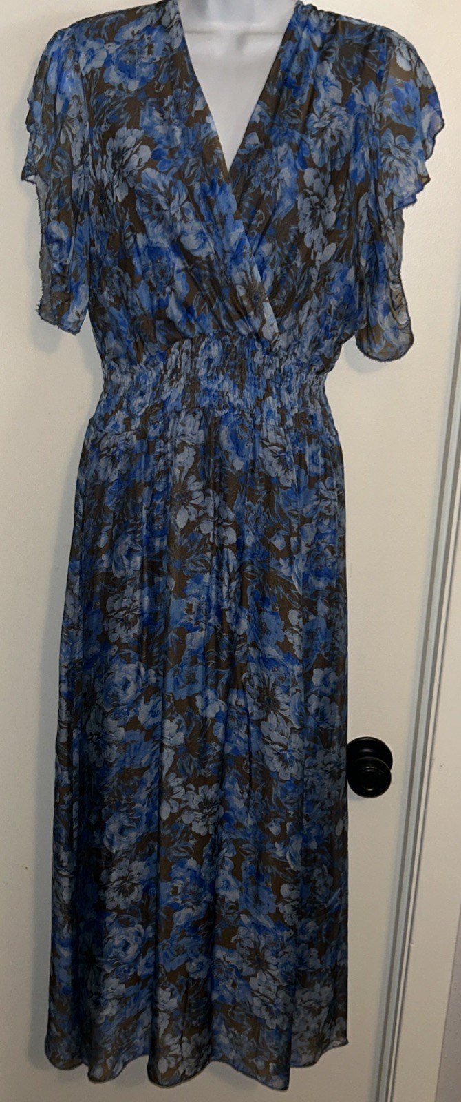 Le Ragazze Blue Multi Airy Silk Blend Flutter Sleeve 52″Long Maxi Dress sz L