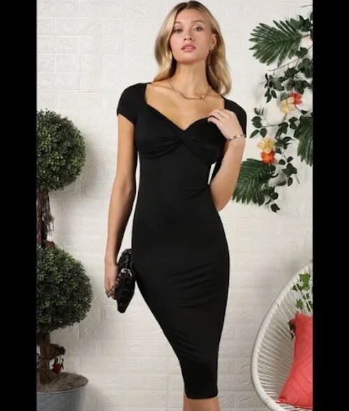 New Second Skin Black Diamond Twisted Front Midi Dress Sz Small, Medium or Large