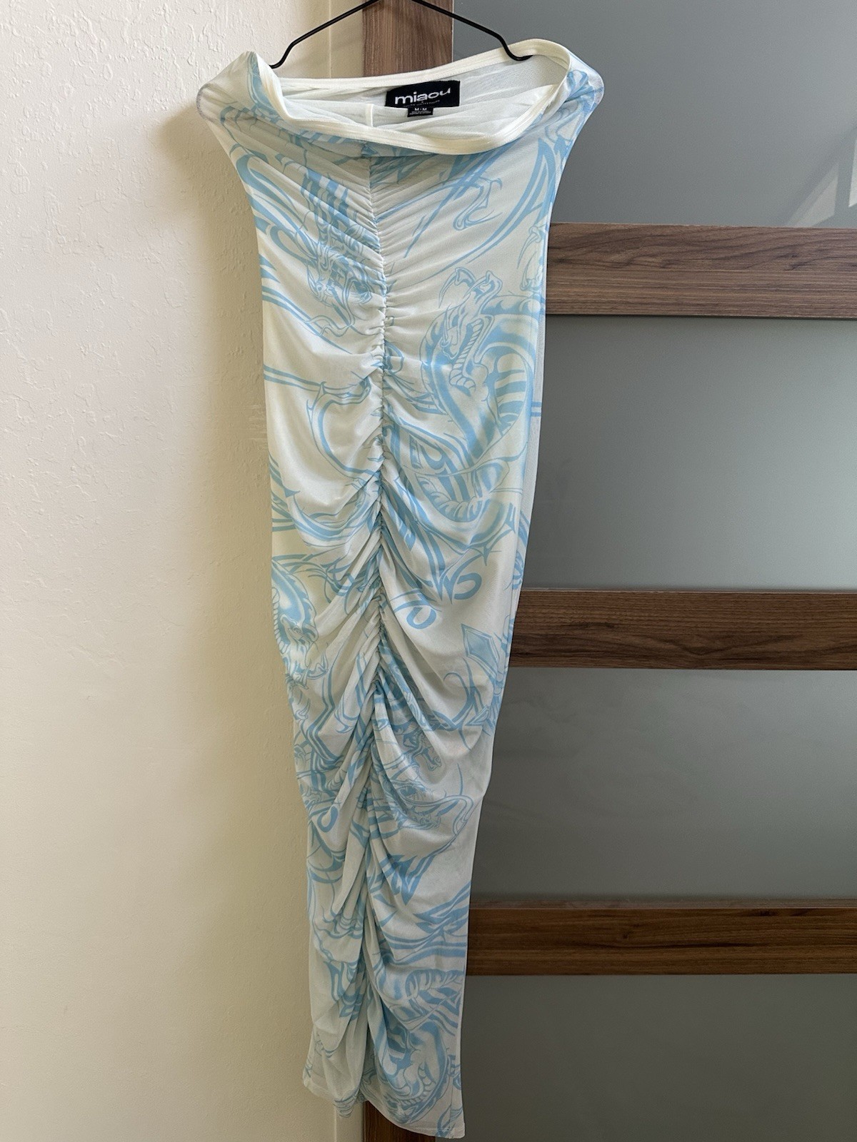 Miaou x Urban Outfitters Strapless Ruched Mesh Stretch Maxi Dress M Blue/White