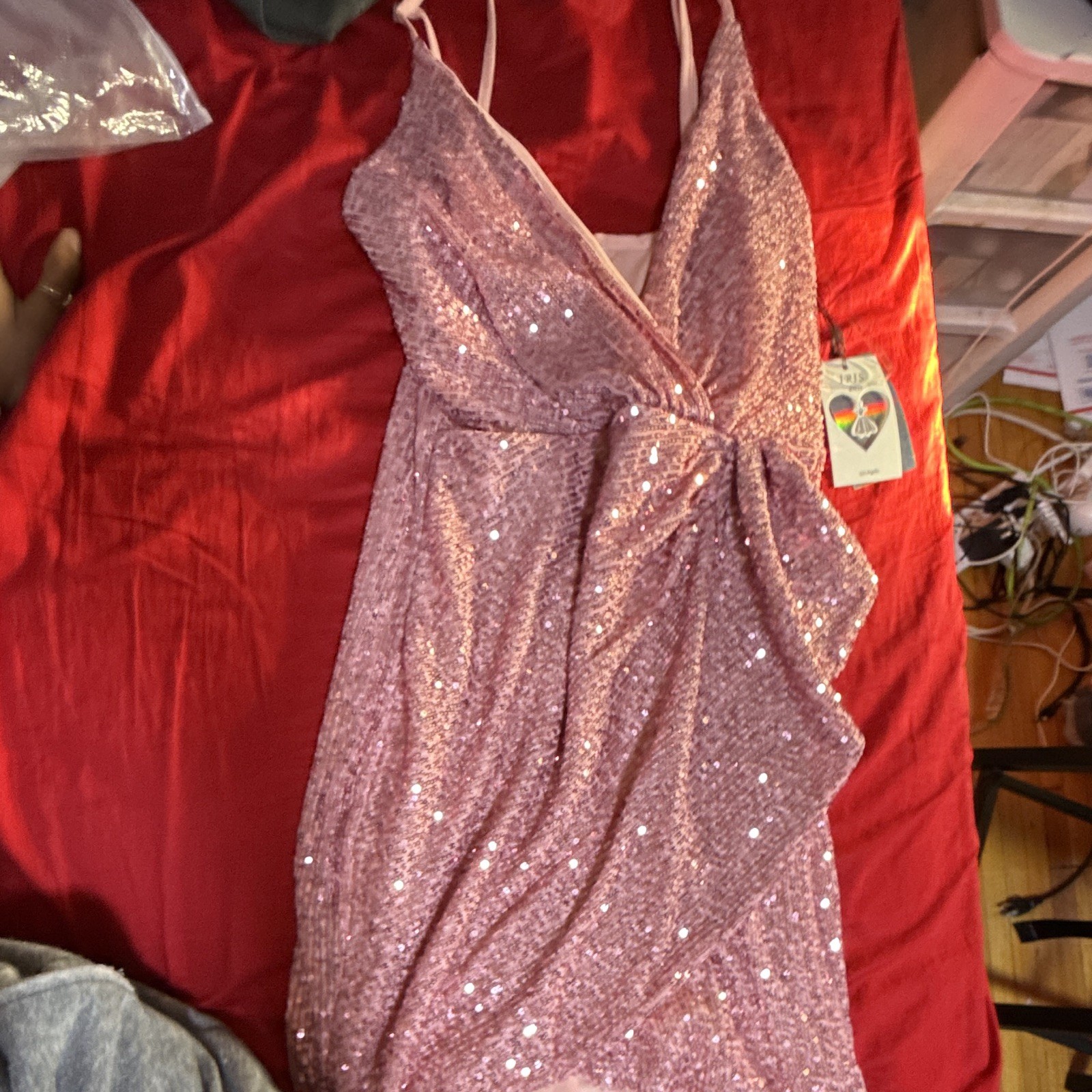 IRIS Pink Sequin V-Neck Bow Lined Bodycon Short Dress Women’s Size S