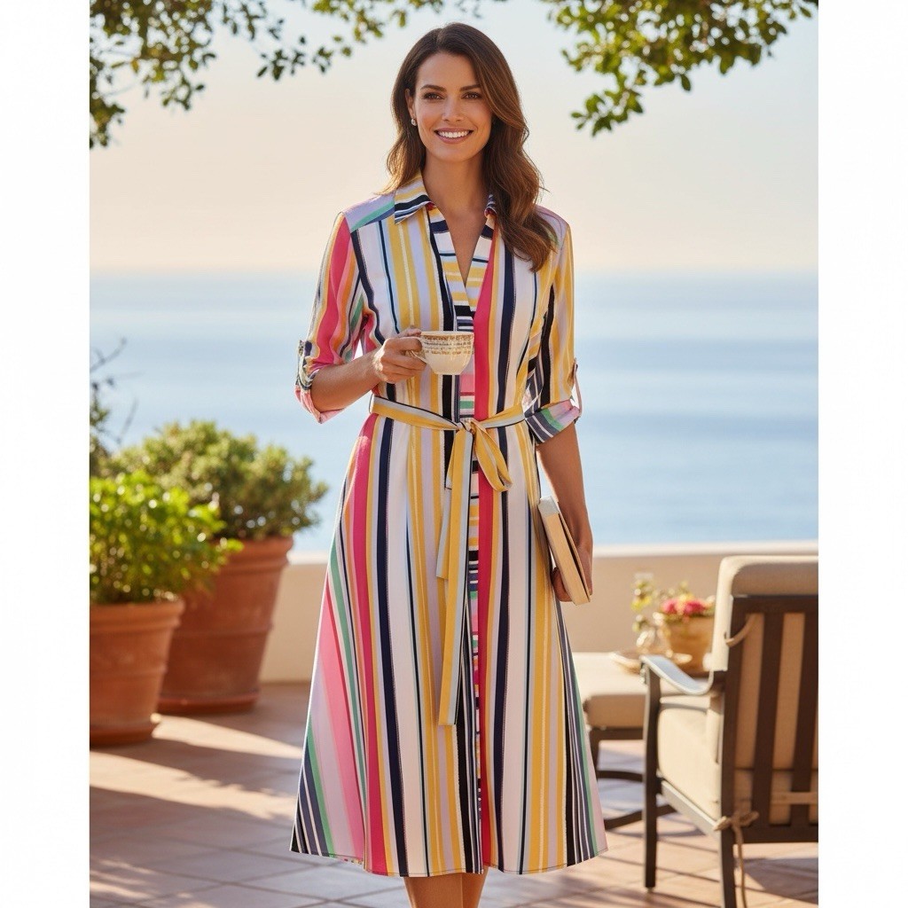 NY & Co Multicolor Striped Midi Shirt Dress Roll Tab Sleeve Belted Women’s Large