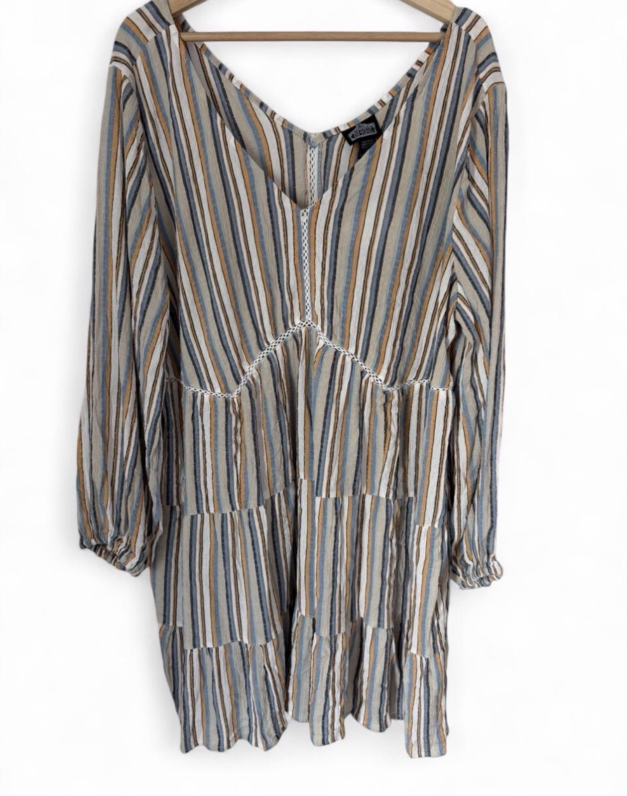 Angie 1X Plus Striped V-Neck Long Sleeve Lace Trim Boho Above Knee Mini
