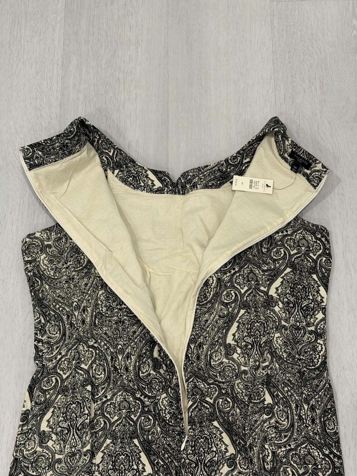 Talbots NEW $139 Sz 14P Cotton Ble Sheath Shift Dress Lined Paisley Black White