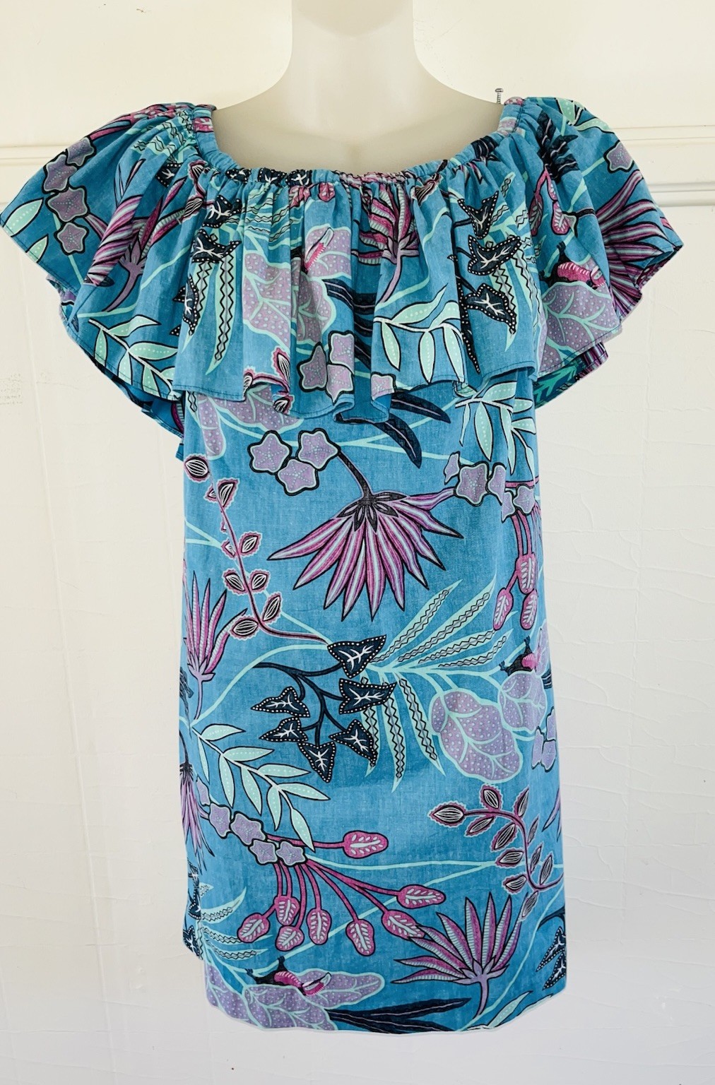 Vtg REYN SPOONER Ruffle Top Reverse Cloth Hawaiian 🌺 Dress Turquoise-Sz Medium