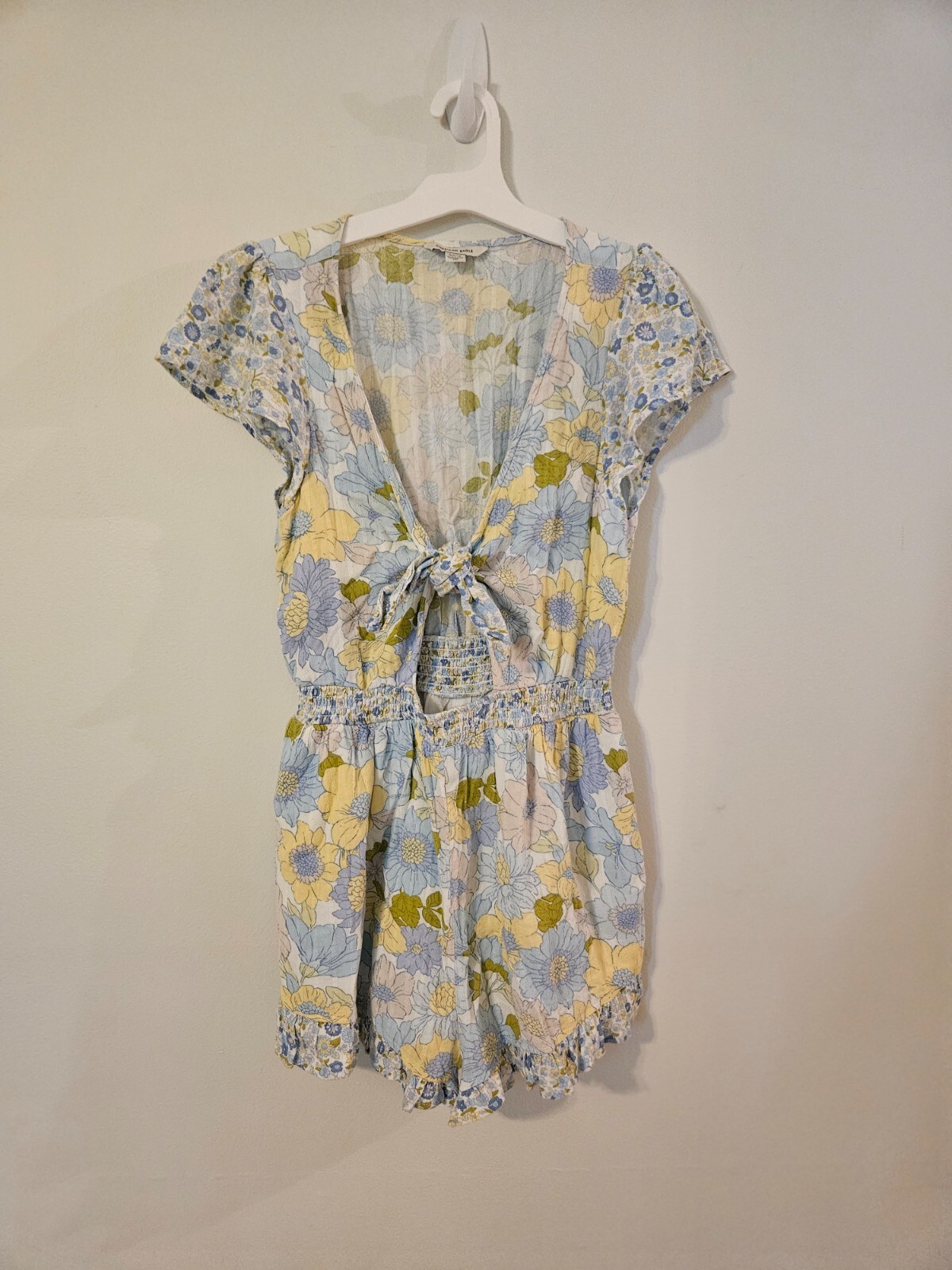American Eagle White, Yellow, and Blue Short Sleeve Mini Dress with Tie S