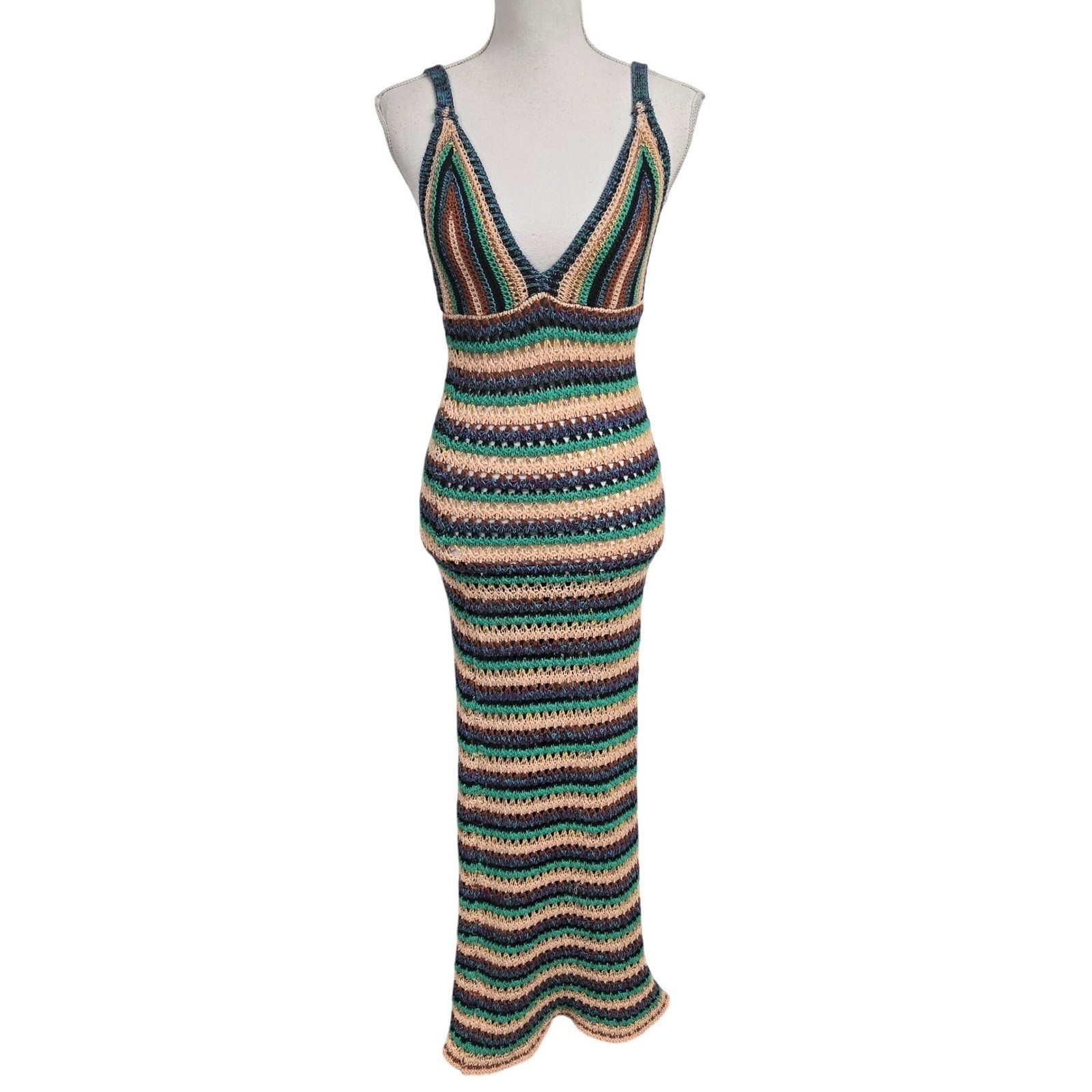 Zara Multi Color Striped Crochet Knit V-Neck Maxi Dress Boho Summer Beach Size S