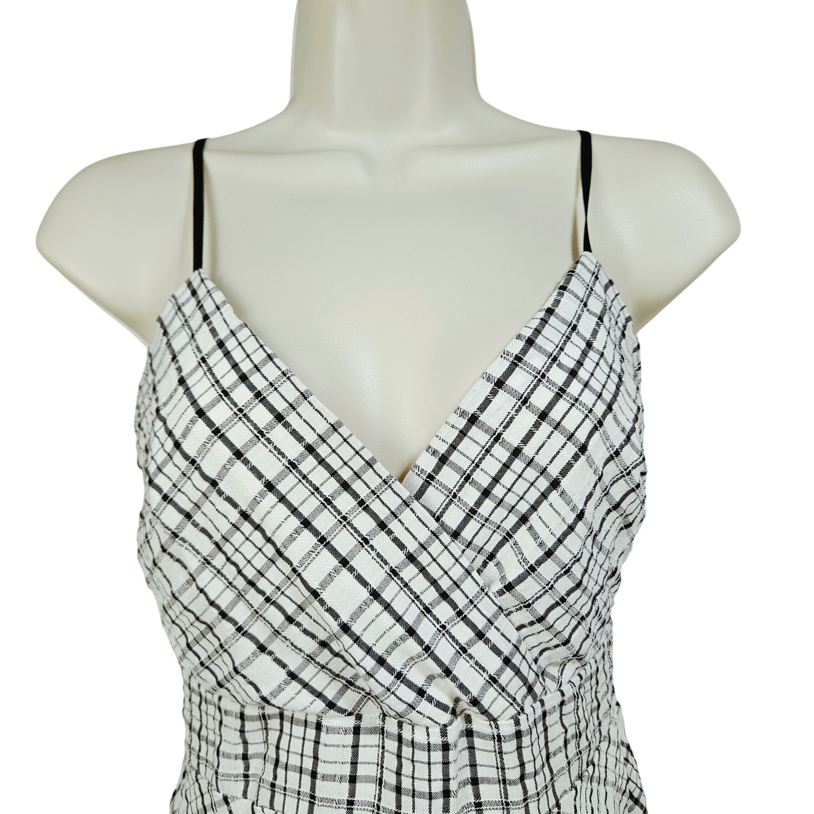 IBISS White Black Plaid Surplice Mini Dress S Dark Academia Preppy Girly Retro