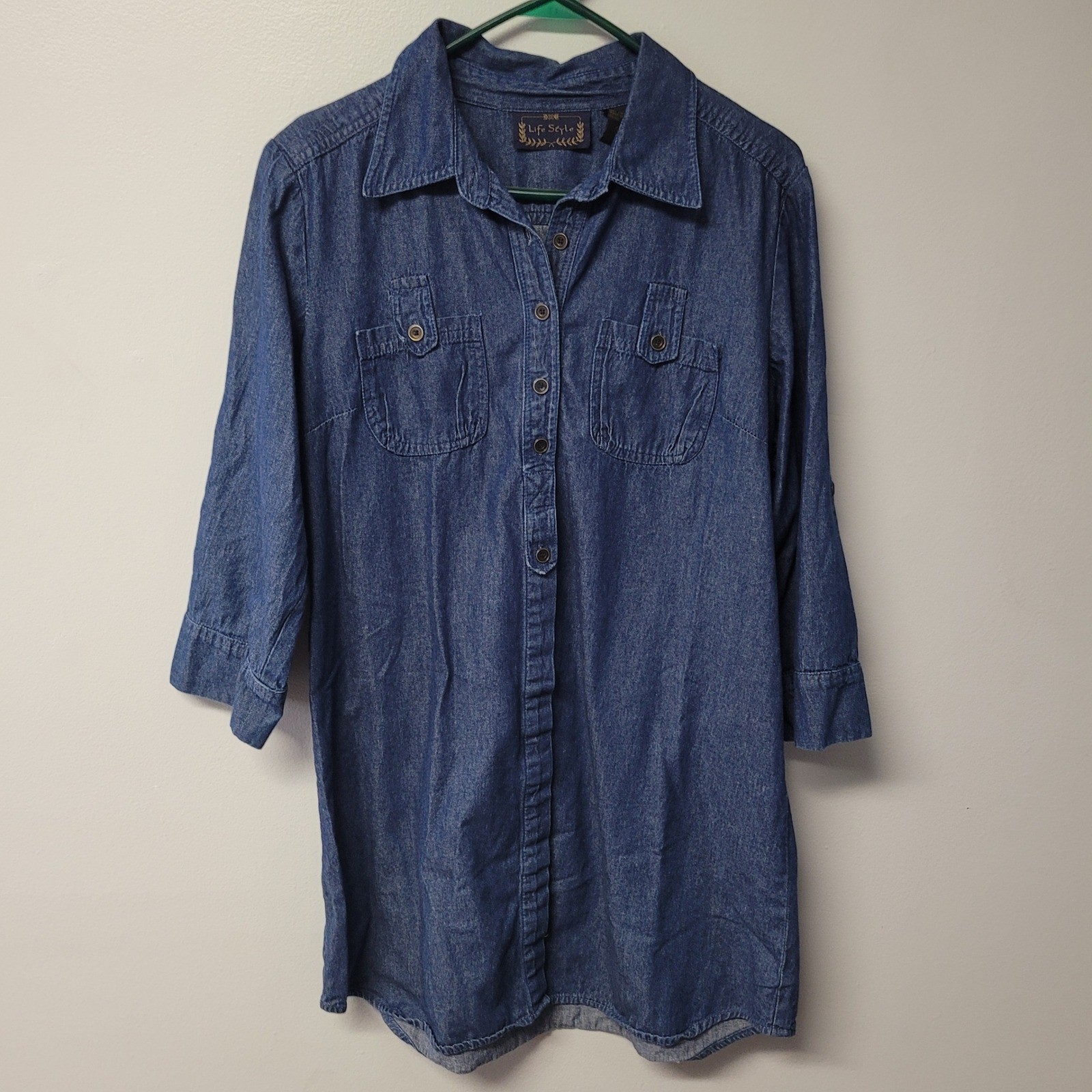 Life Style Denim Dress Women XL 3/4 Sleeve Button Front Chest Pockets No Belt