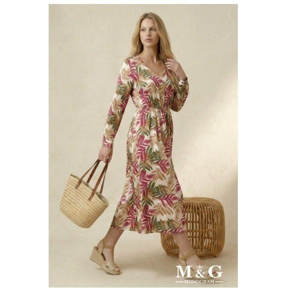 Parisian NWT Tropical Leaf Maxi Dress S 100% Cotton Pink Green Long Slv $158