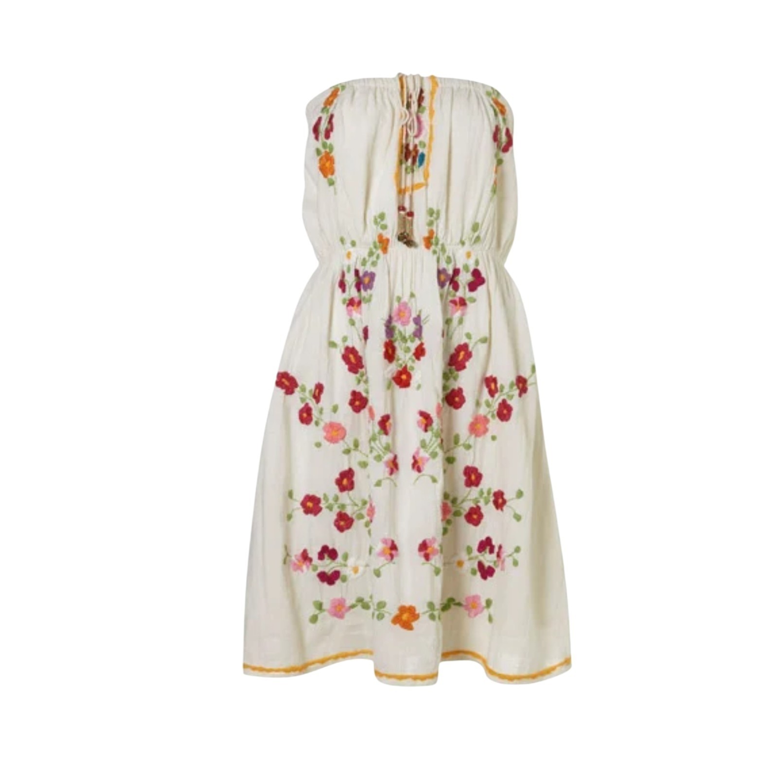 Cottagecore White Floral Embroidery Peasant Dress Strapless Boho Festival Style