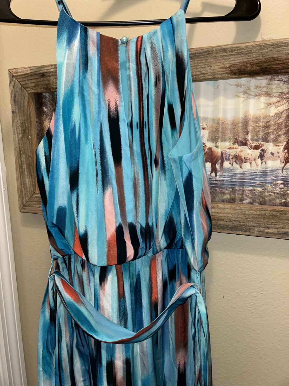 BCX Halter Neckline Maxi Dress Multicolor Belted Waist Sleeveless Size Large