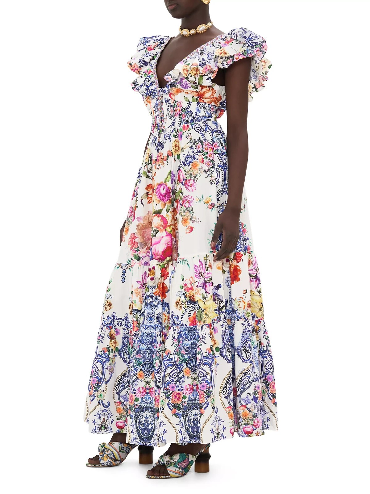 CAMILLA “Dutch Is Life” Tiered Frill Cotton V-Neck Open Back Maxi Dress, L $899