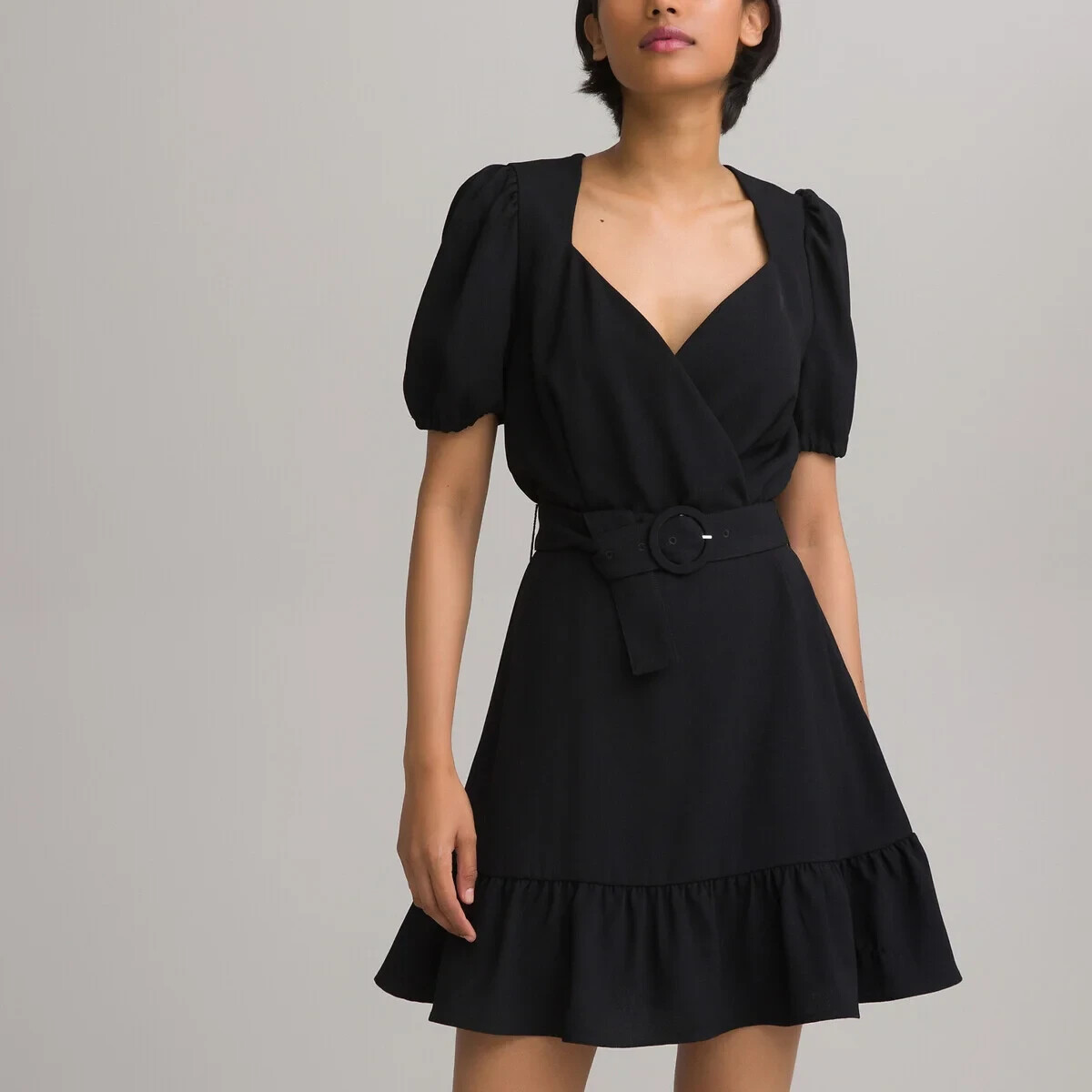 La Redoute Wrap Front Tiered Dress Size 12 Black Short Puff Sleeves LBD RRP £55