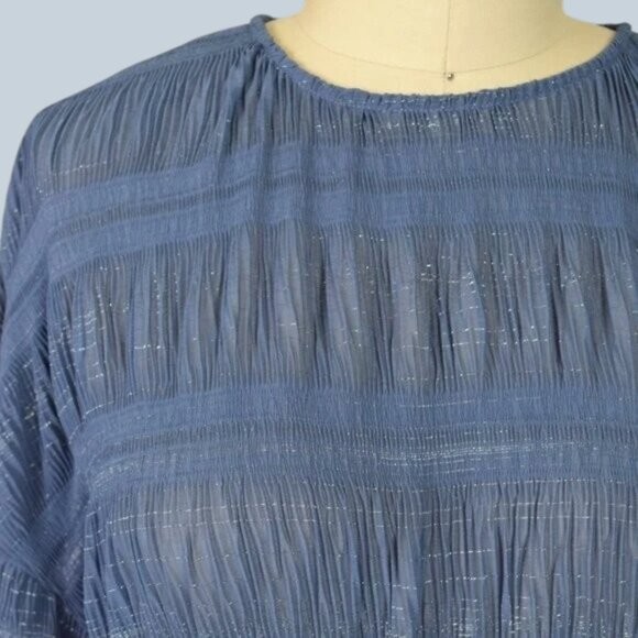 POOKIE & SEBASTIAN Crinkle Stripe Blue Long Sleeve Dress Size Large