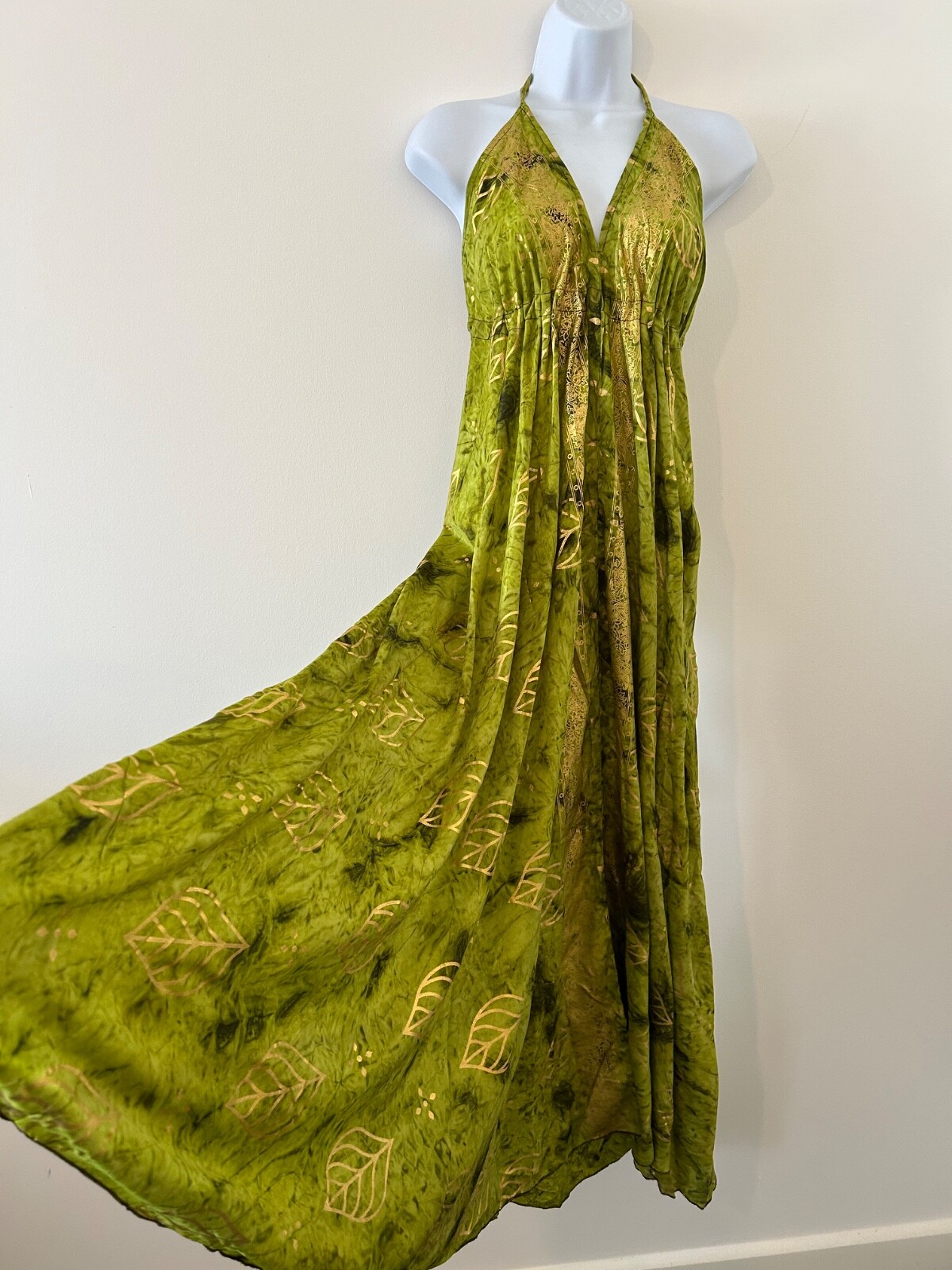 Green Dress Long SILK Maxi Vintage Hippie Indian Bohemian Summer Holiday Floaty