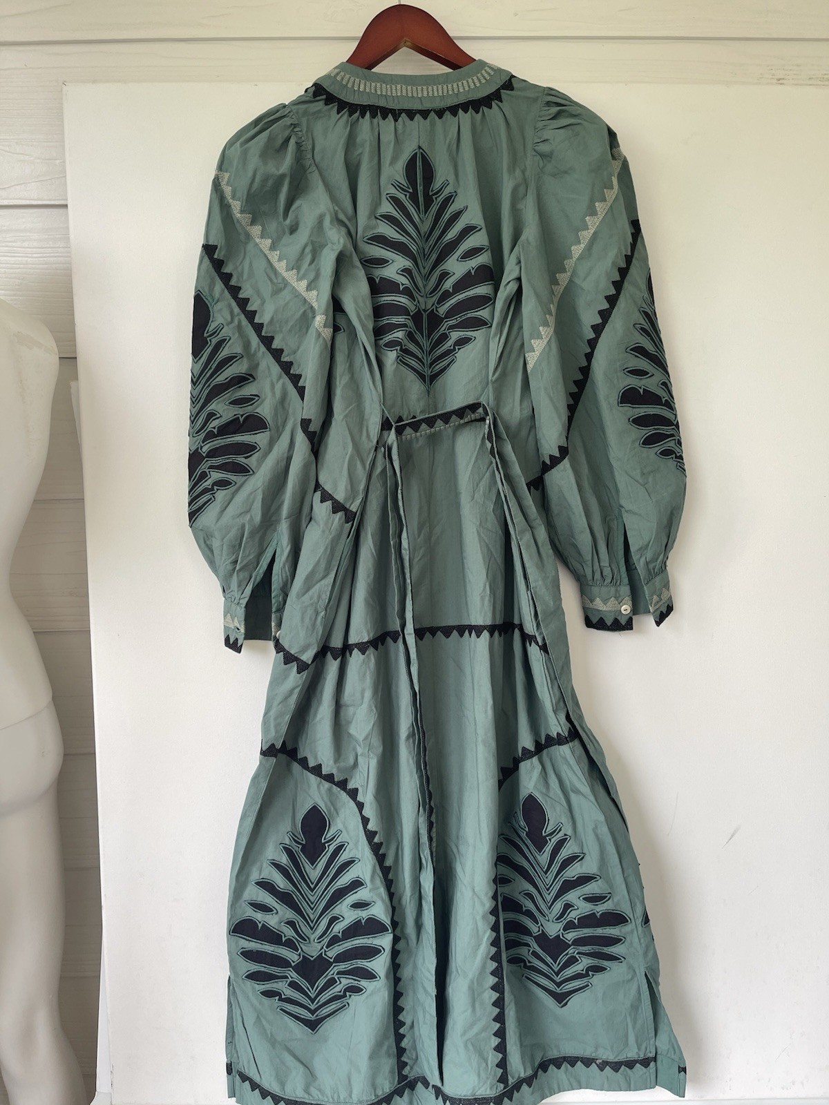 Sonmer Susan Dress Size S Boho Embroidered Long Sleeve Midi Green Black Spain