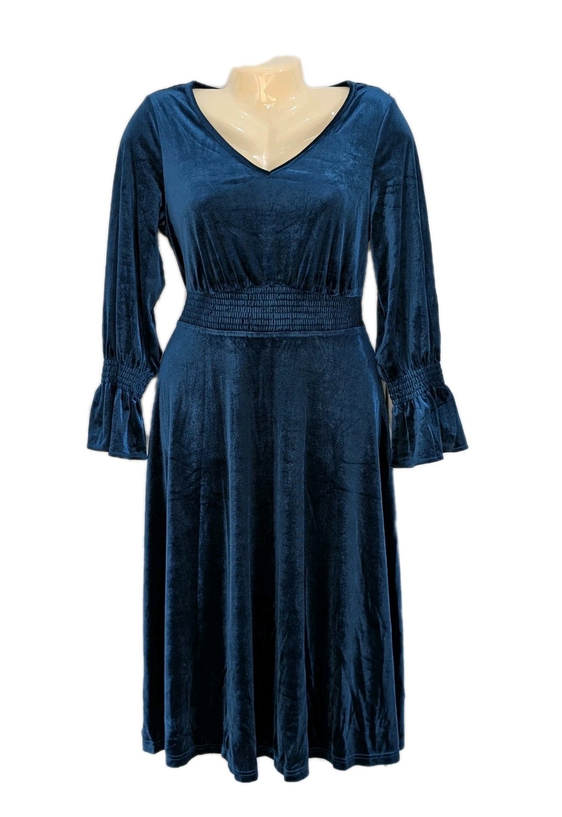 Womens Peacock Blue Velvet Elastic Smocked Waist V-neck Midi Party Dress Size M