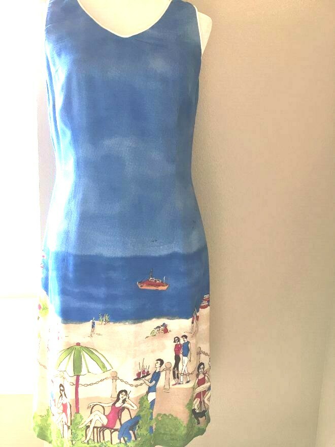 CDC Petites Shift Dress New Size 8P Blue with Beach Scenic Print White Trim