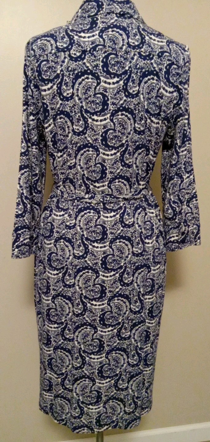 Talbots Women Blue White Paisley Collar Button Down Midi Dress Size L