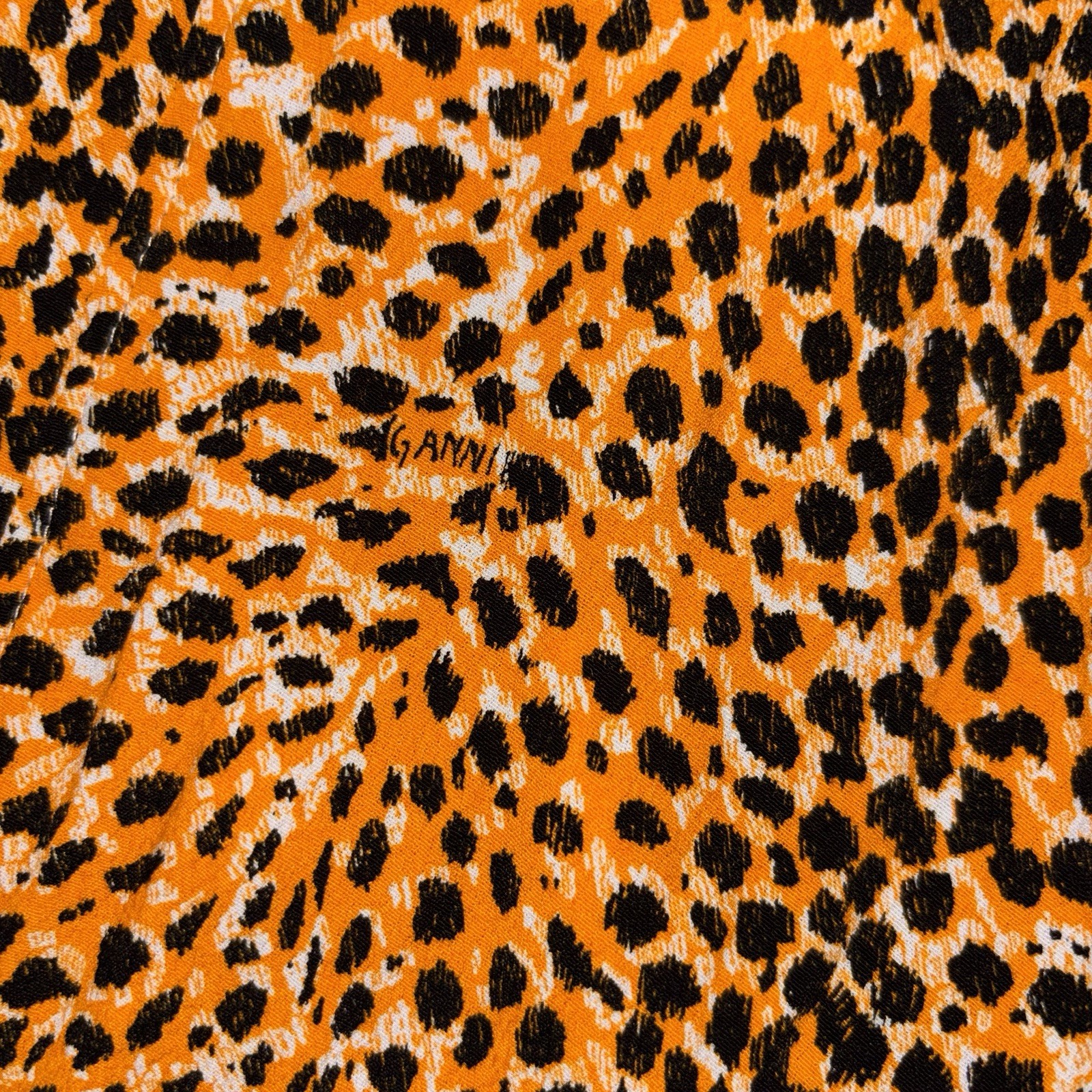 Ganni Leopard Print Midi Dress Button Logo Black Orange Designer Women’s Sz 36