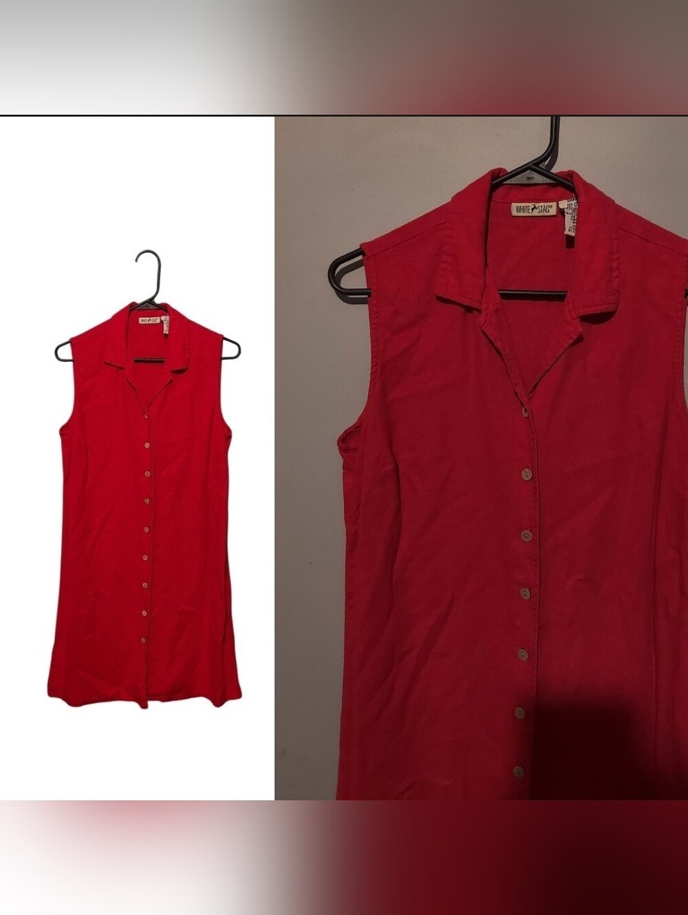 Vintage Y2K Linen Blend Button Front Shirt Dress S Red Boho Preppy 4th of July