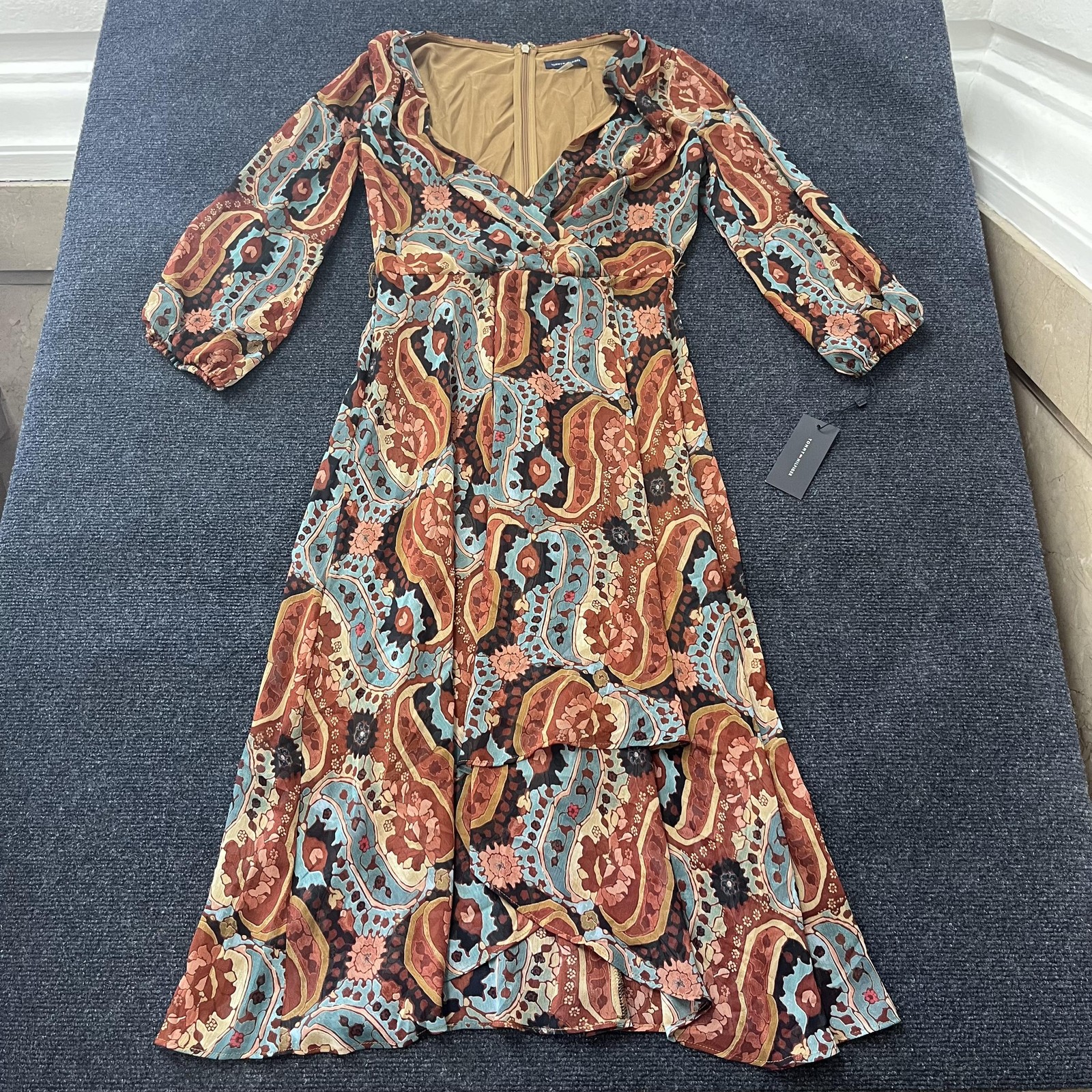 Tommy Hilfiger Dress Womens 2 Paisley Wrap V Neck Midi 3/4 Sleeve A1GG1ZR1 Boho