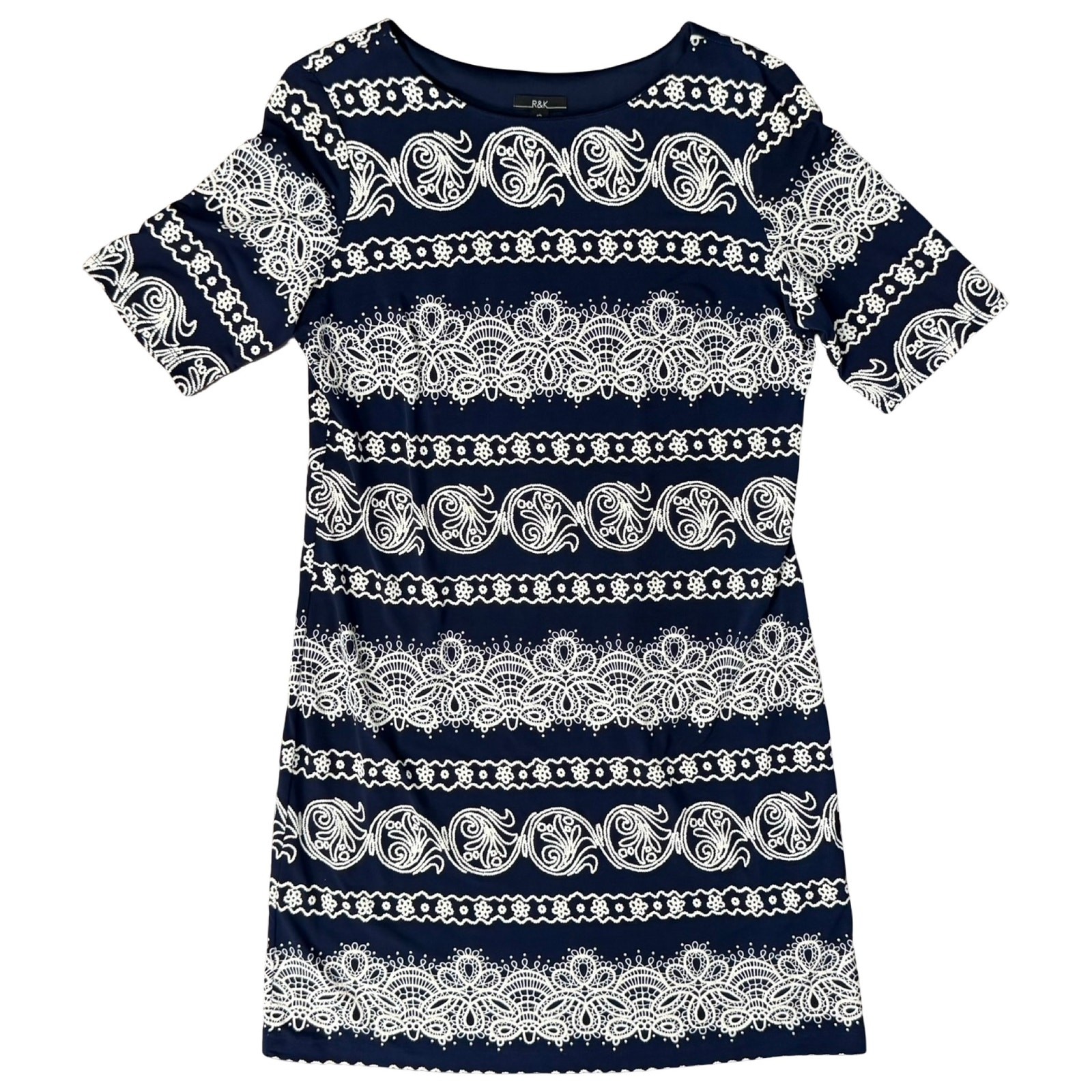 R&K Navy Blue White Lace Accents Shift Knee Length Dress Size 12 Professional