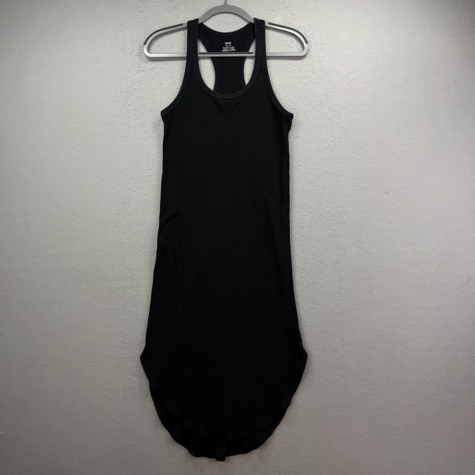 Aerie Dress Womens XS Black Ribbed Racerback Sleeveless High Low Hem Tank Midi
