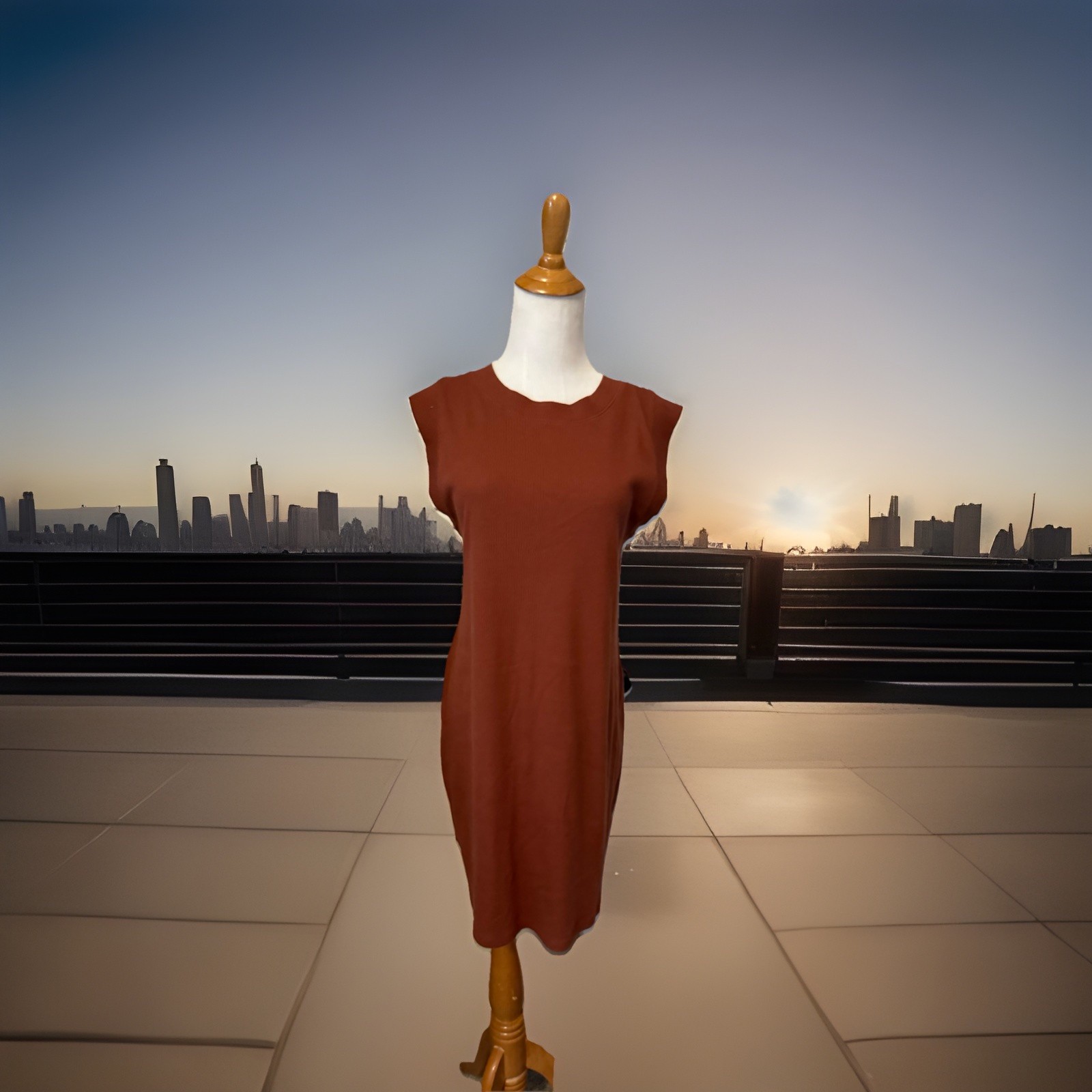 New Day ribbed tank dress in a rust brown color Size Med Causal, Stretch EUC