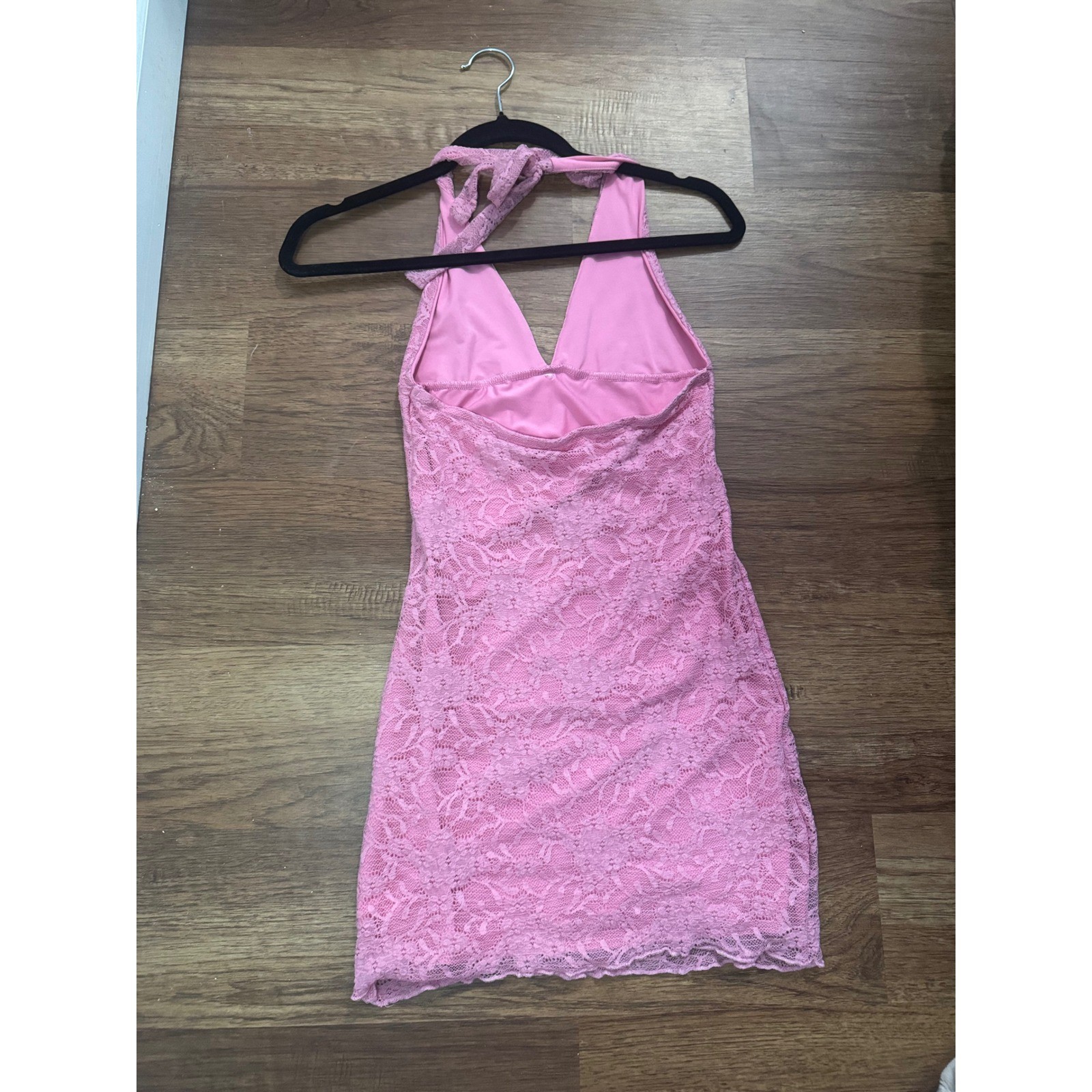 Pink Floral Lace Halter Mini Dress with Rosette Detail Y2K Style Coquette