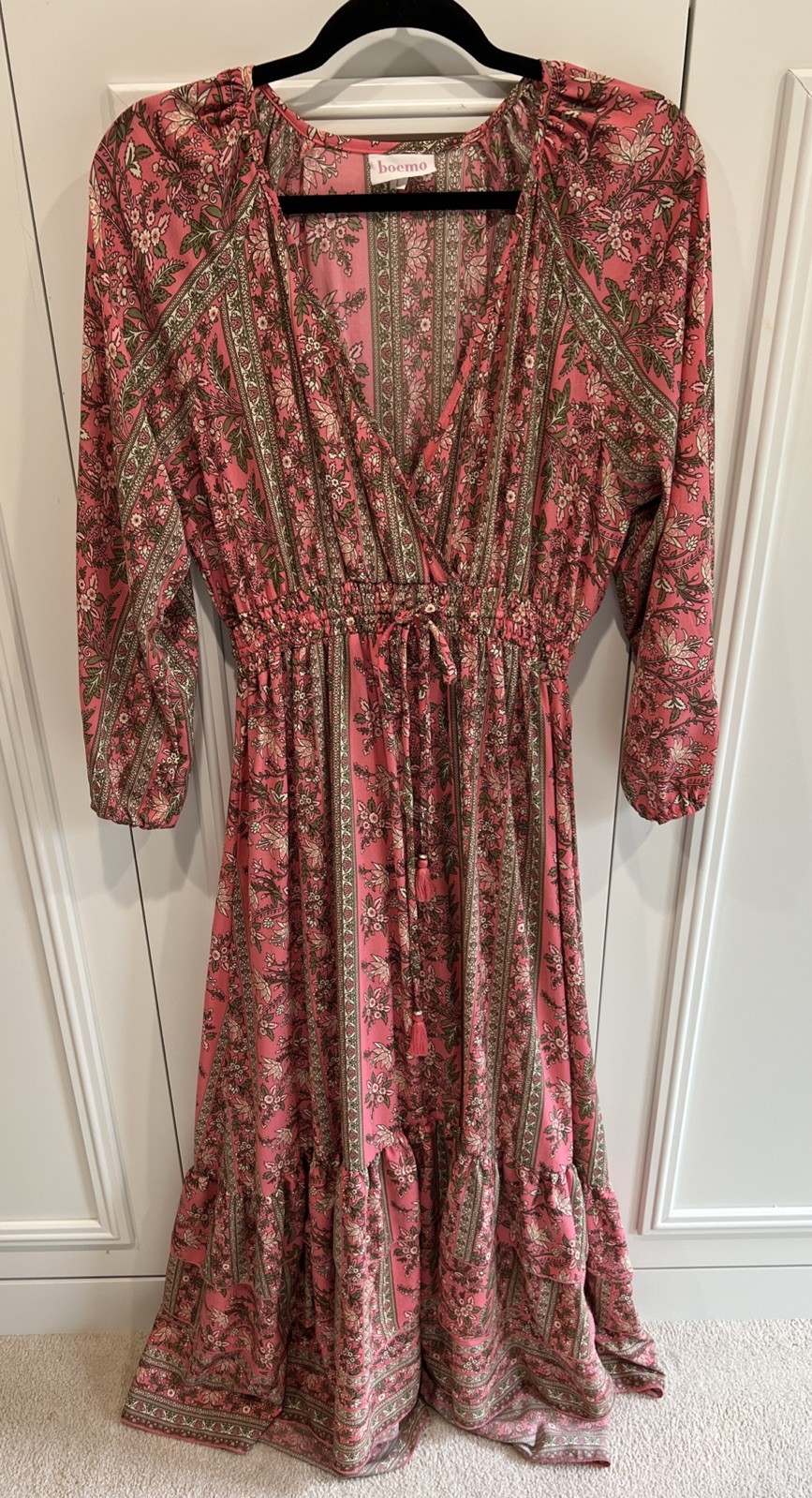 Boemo Tiered Maxi Dress Size Large Pink Floral Boho Cottagecore Empire Waist