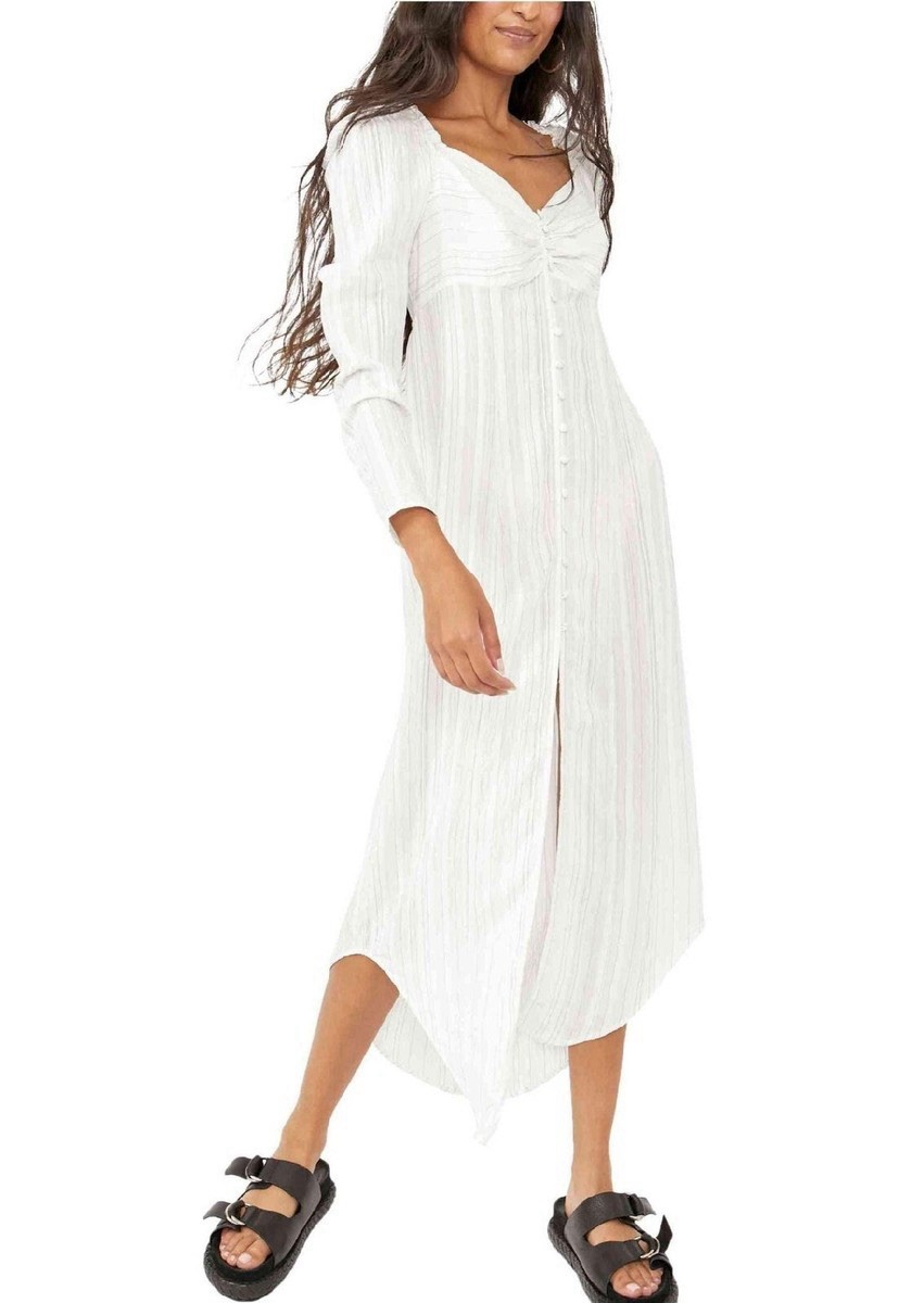 Free People Luna Maxi Dress Top White Pinstripe Ruched Button Front Large Flowy