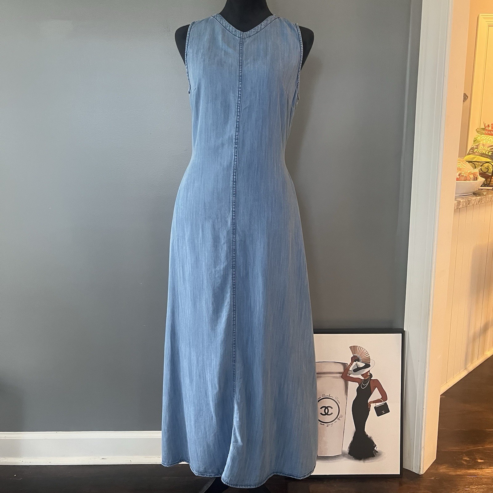 Ermanna 100% Cotton Chambray Maxi Dress EU 40 Blue Sleeveless Boutique