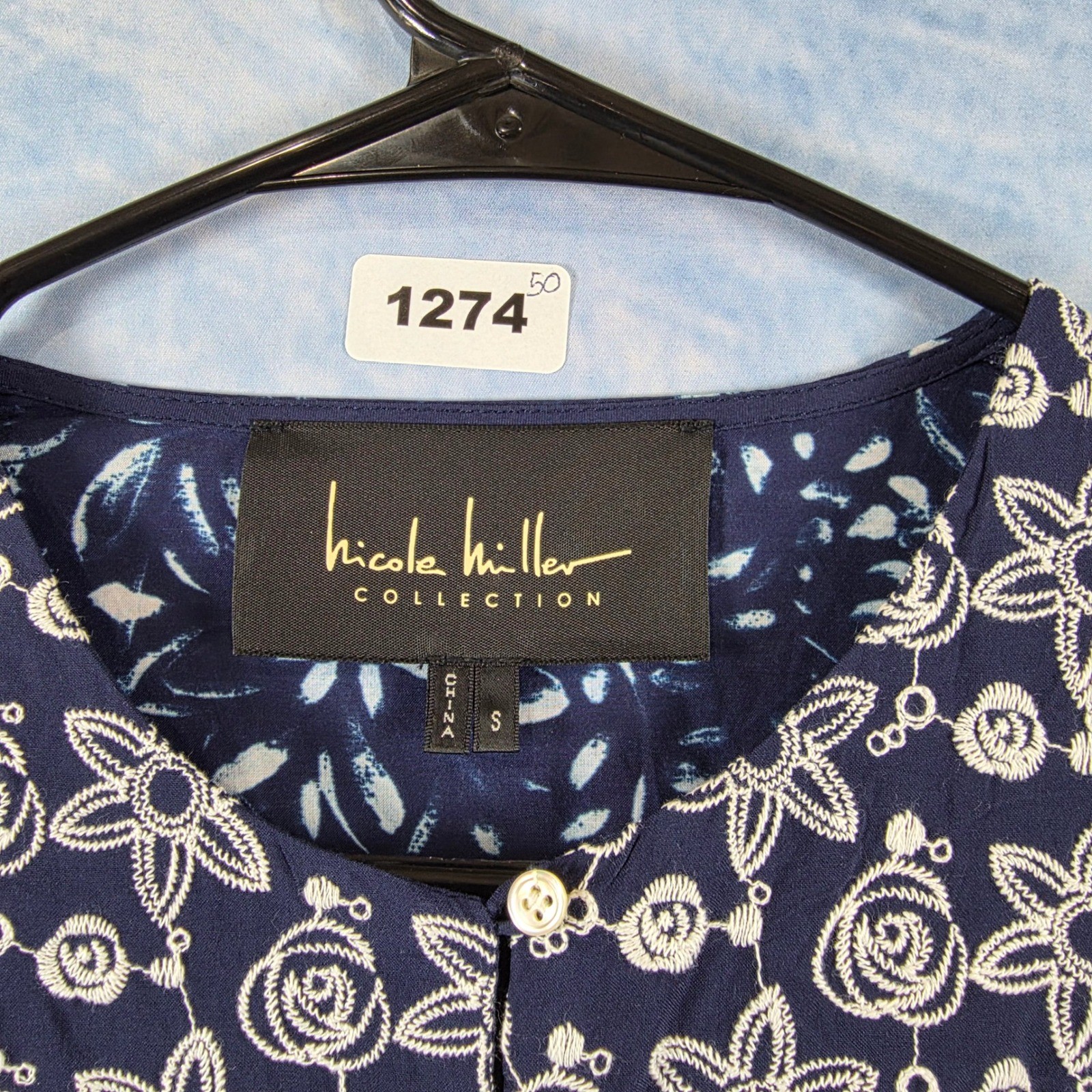 Nicole Miller Collection Navy Blue Floral Embroidered Drop Waist Dress Womens S