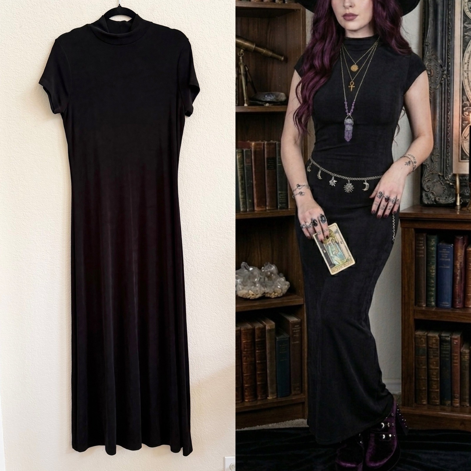 Vintage 90s Slinky Witchy Maxi Dress Moda International Whimsigoth Sz L