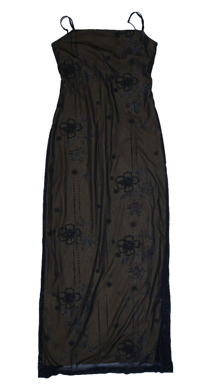 Vintage City Triangles Womens Black Floral Spaghetti Strap Long Shift Dress M