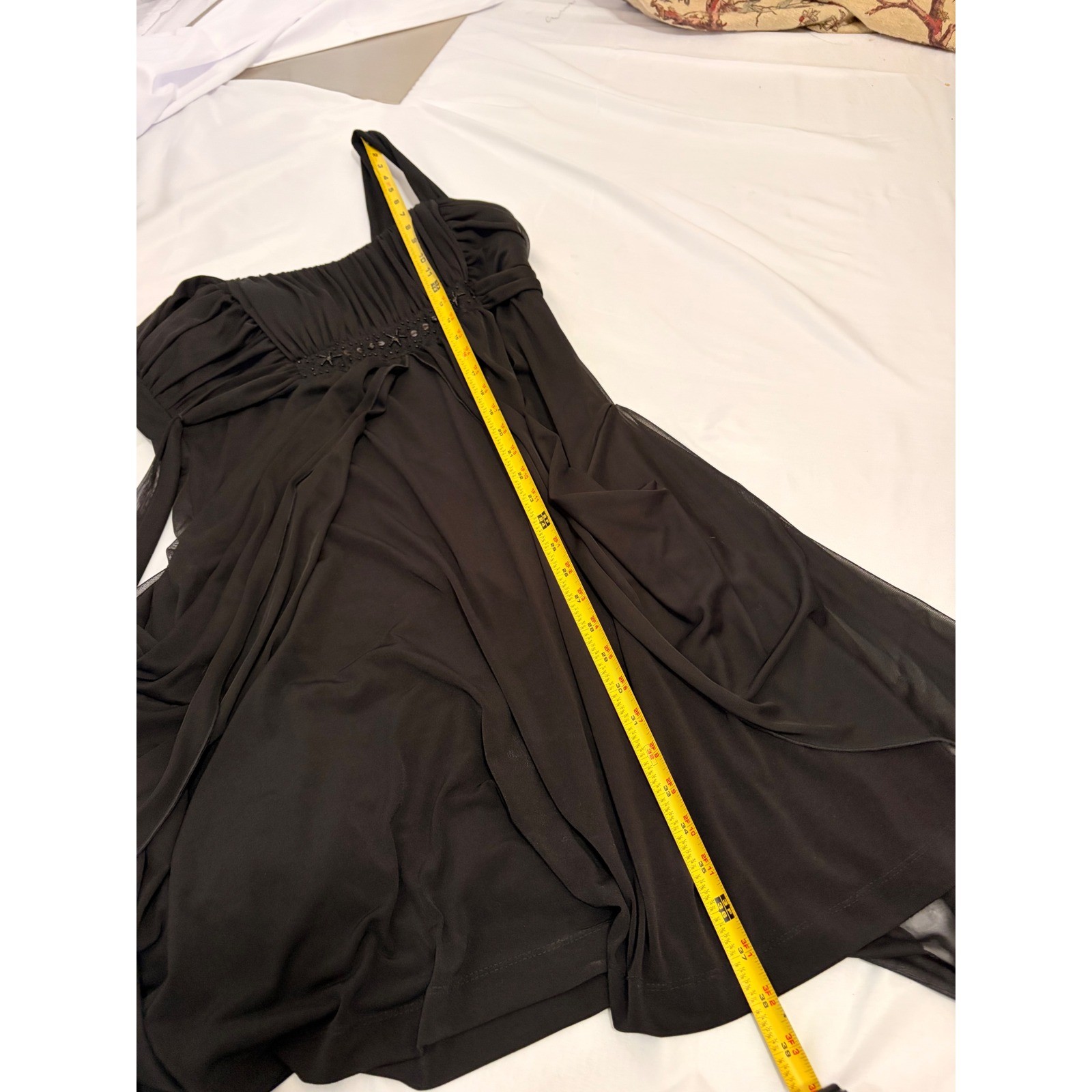 Connected Apparel Gorgeous flowy black gown with draping and beaded detailing