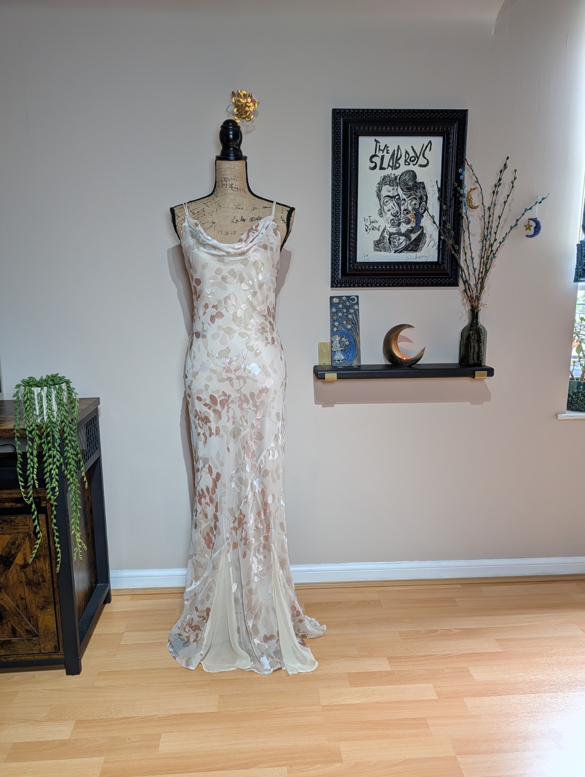 Vintage 90s Monsoon Long Bias Cut Burn Out Floral Slip Dress UK 10/12 (US 8)