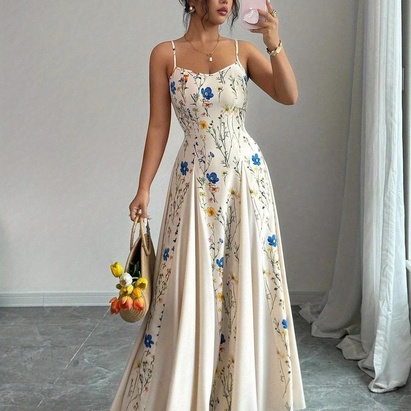 Women 2026 Summer Printed Dress Spaghetti Strap Sleeveless Slim Fit Casual Dress