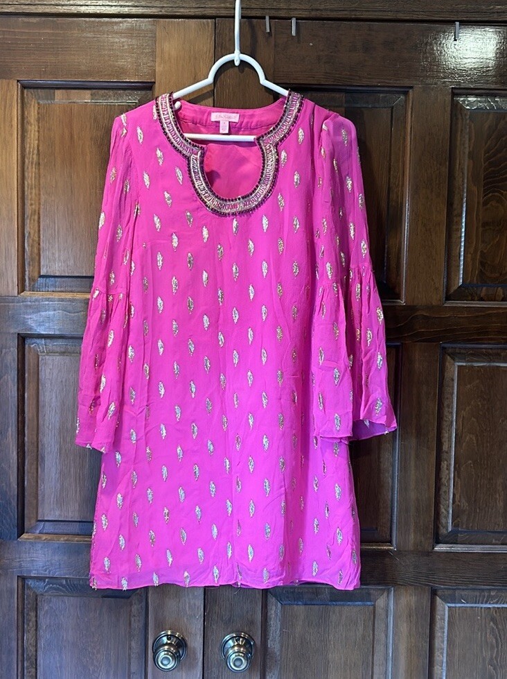 Lilly Pulitzer Amory Silk Dress Pink Gold Metallic Shift Bell Sleeve Size 2