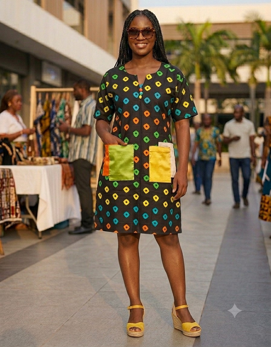 Women’s Black/Multicolor Geometric Shift Dress Knee Length Pockets S-XL