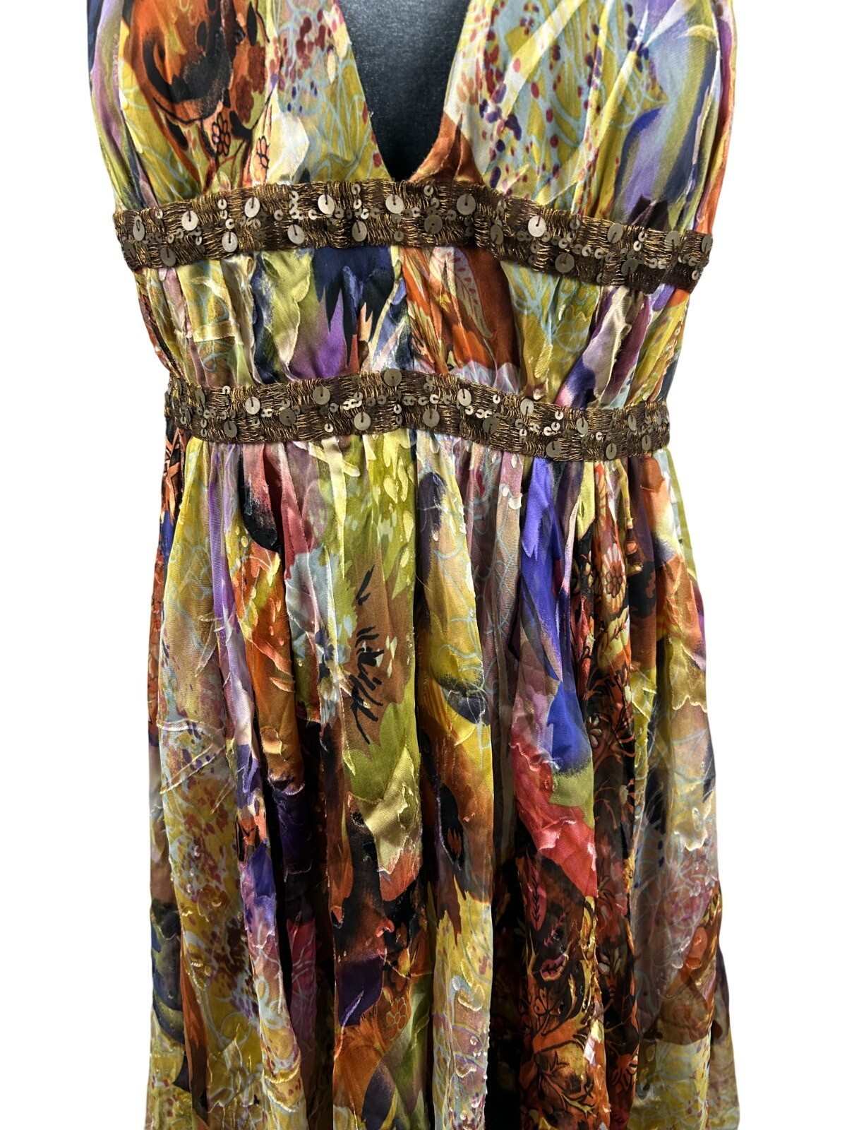 Vintage Cassandra Stone Size12 Inspired Halter Dress Midi Multicolor Silk Blend