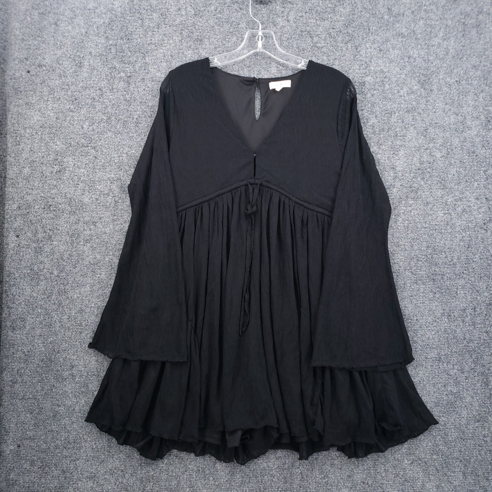 Promesa Dress Womens Small Black Bell Sleeve Mini Shift V Neck Textured Casual