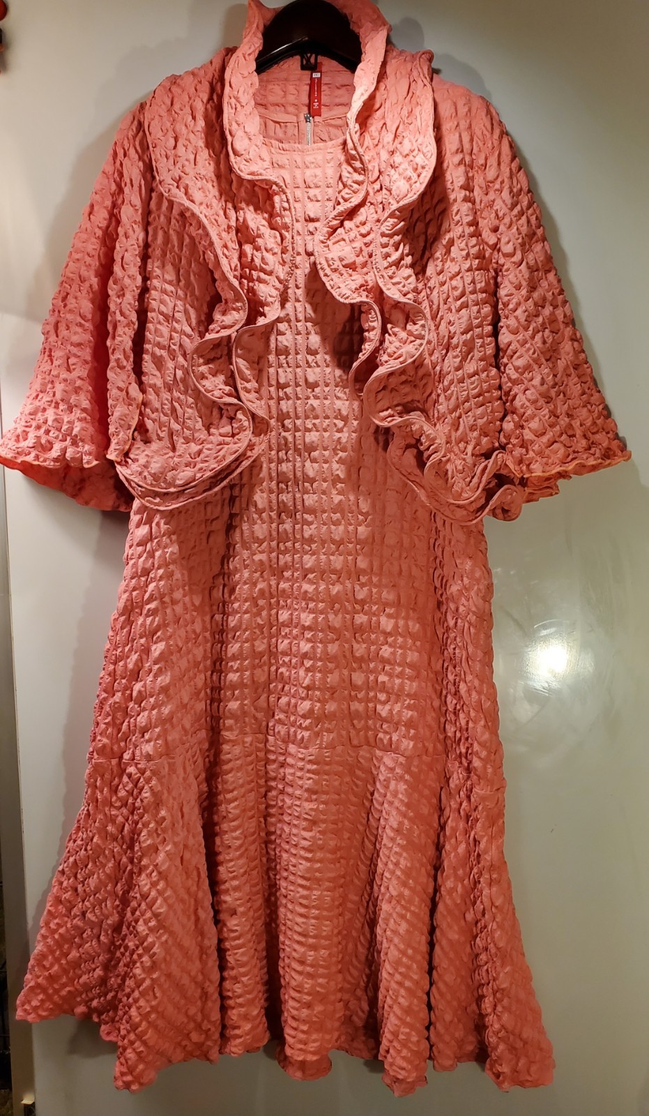 IC Collection Coral Bubble Check Dress & Ruffle Open Jacket Set M