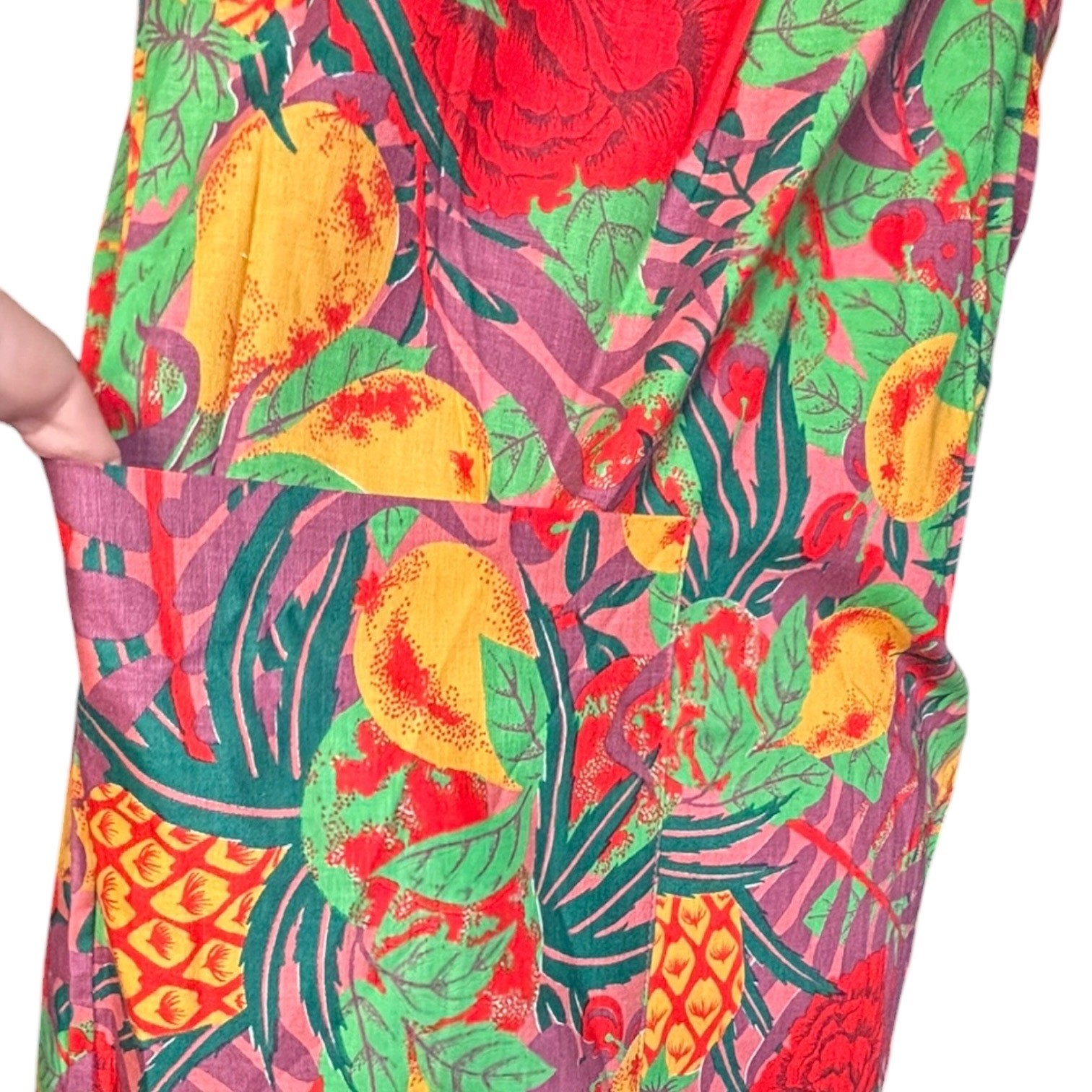 Vintage Tropical Fruit Floral House Dress Large Muumuu Pineapple Resort Wear