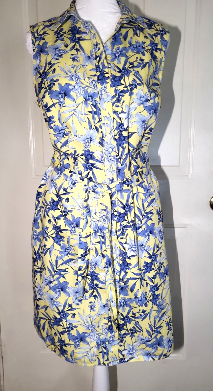 Tommy Hilfiger Floral Button‑Front Shirt Dress Yellow Blue White Sleeveless Belt