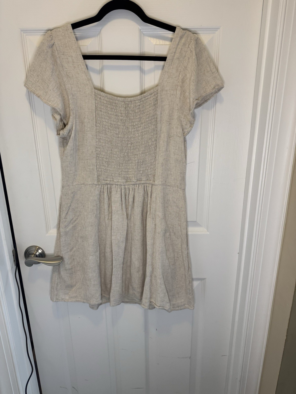 Abercrombie & Fitch Beige Solid Short A-Line Dress L Square Neck Puff Smocked